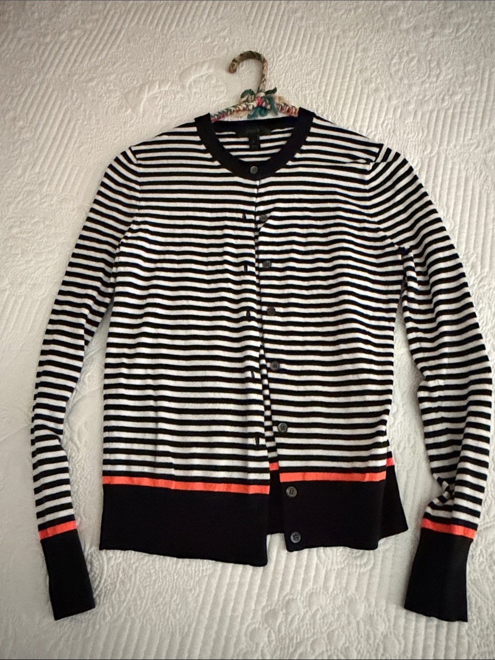 J. Crew navy blue White Striped button Cardigan with orange Trim, like new, S
